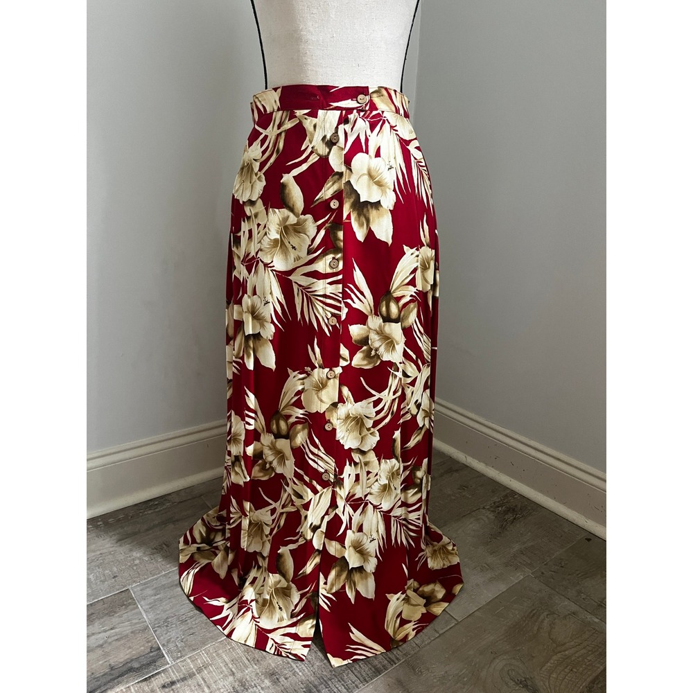 Red Tropical Floral Button Front Maxi Skirt 8 Vintage Resort Boho Chic Coastal